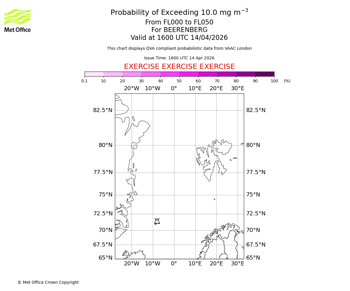 Probability of exceeding 10.0 milligrams per metre cubed. From 000 to 050 for BEERENBERG. Valid at 1600 UTC 14/04/2026