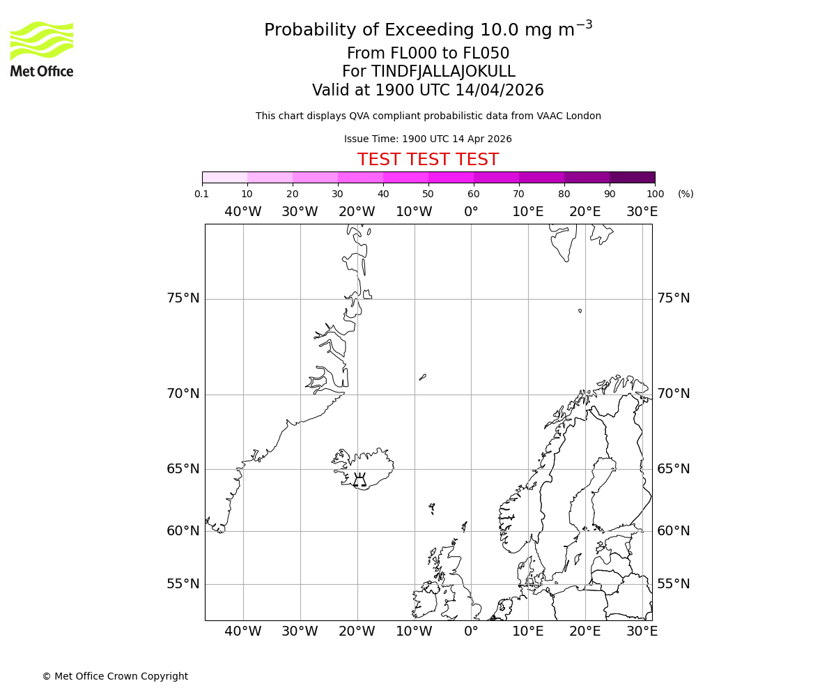 Probability of exceeding 10.0 milligrams per metre cubed. From 000 to 050 for TINDFJALLAJOKULL. Valid at 1900 UTC 14/04/2026