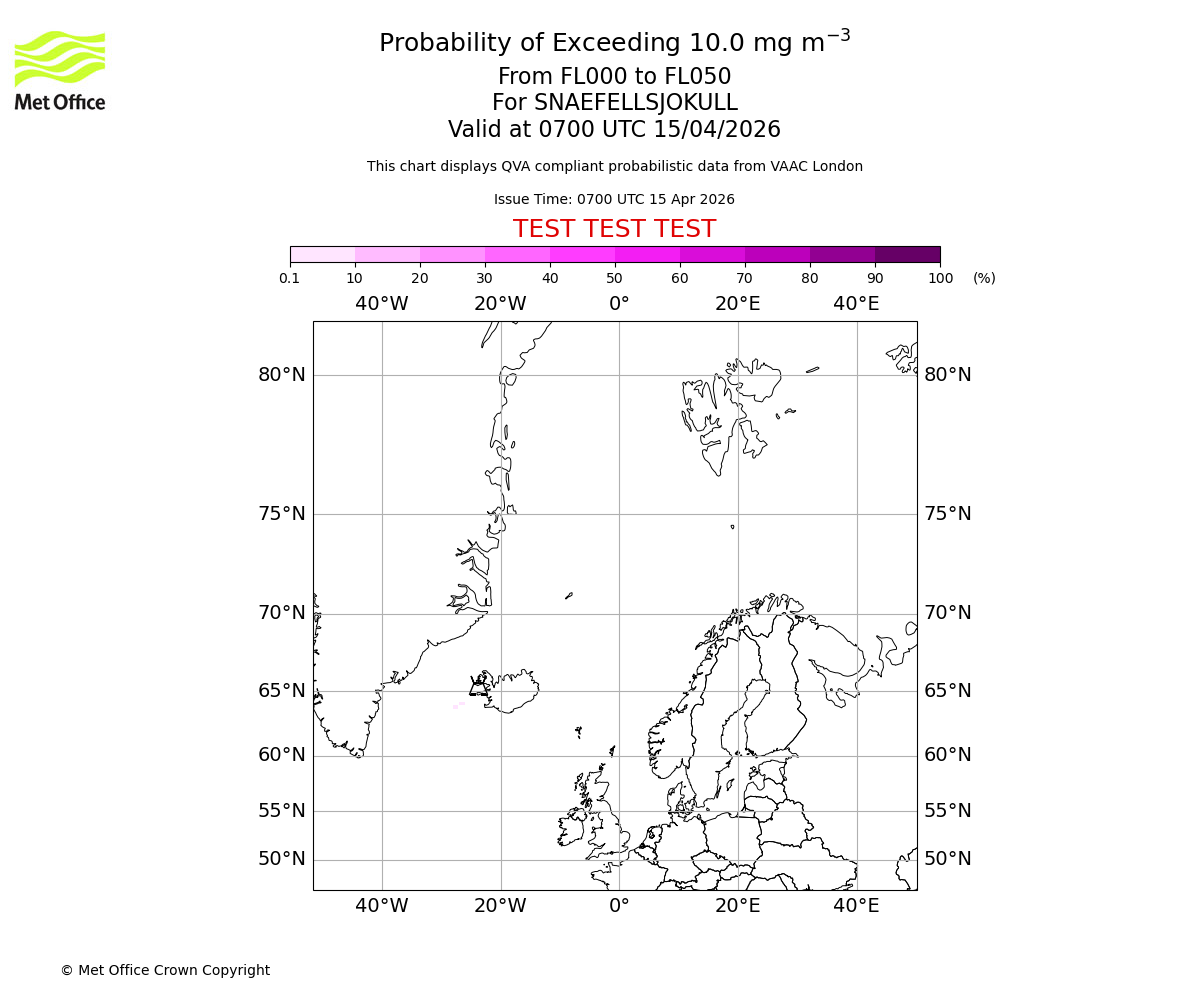 Probability of exceeding 10.0 milligrams per metre cubed. From 000 to 050 for SNAEFELLSJOKULL. Valid at 0700 UTC 15/04/2026