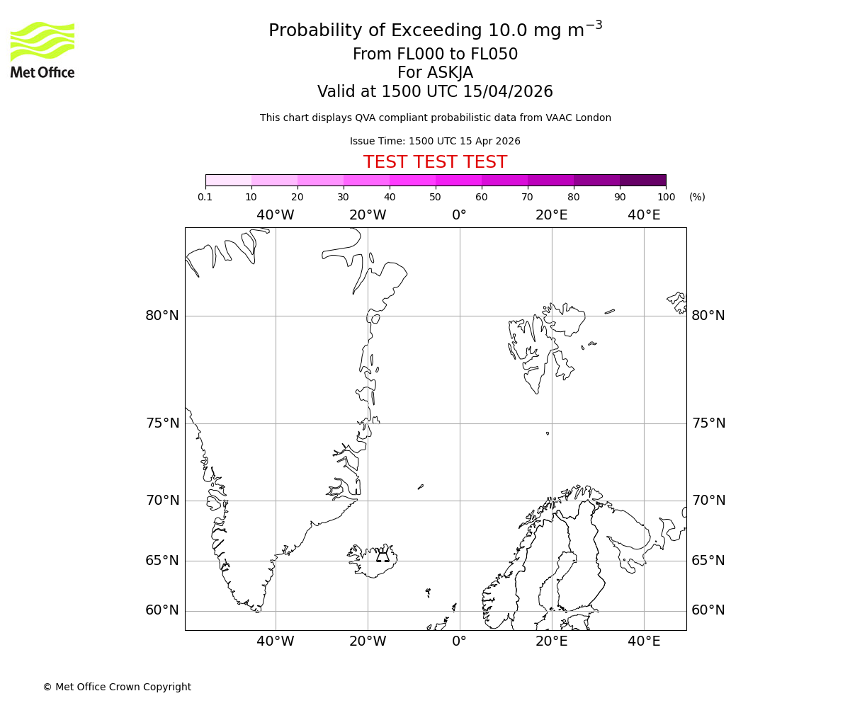 Probability of exceeding 10.0 milligrams per metre cubed. From 000 to 050 for ASKJA. Valid at 1500 UTC 15/04/2026