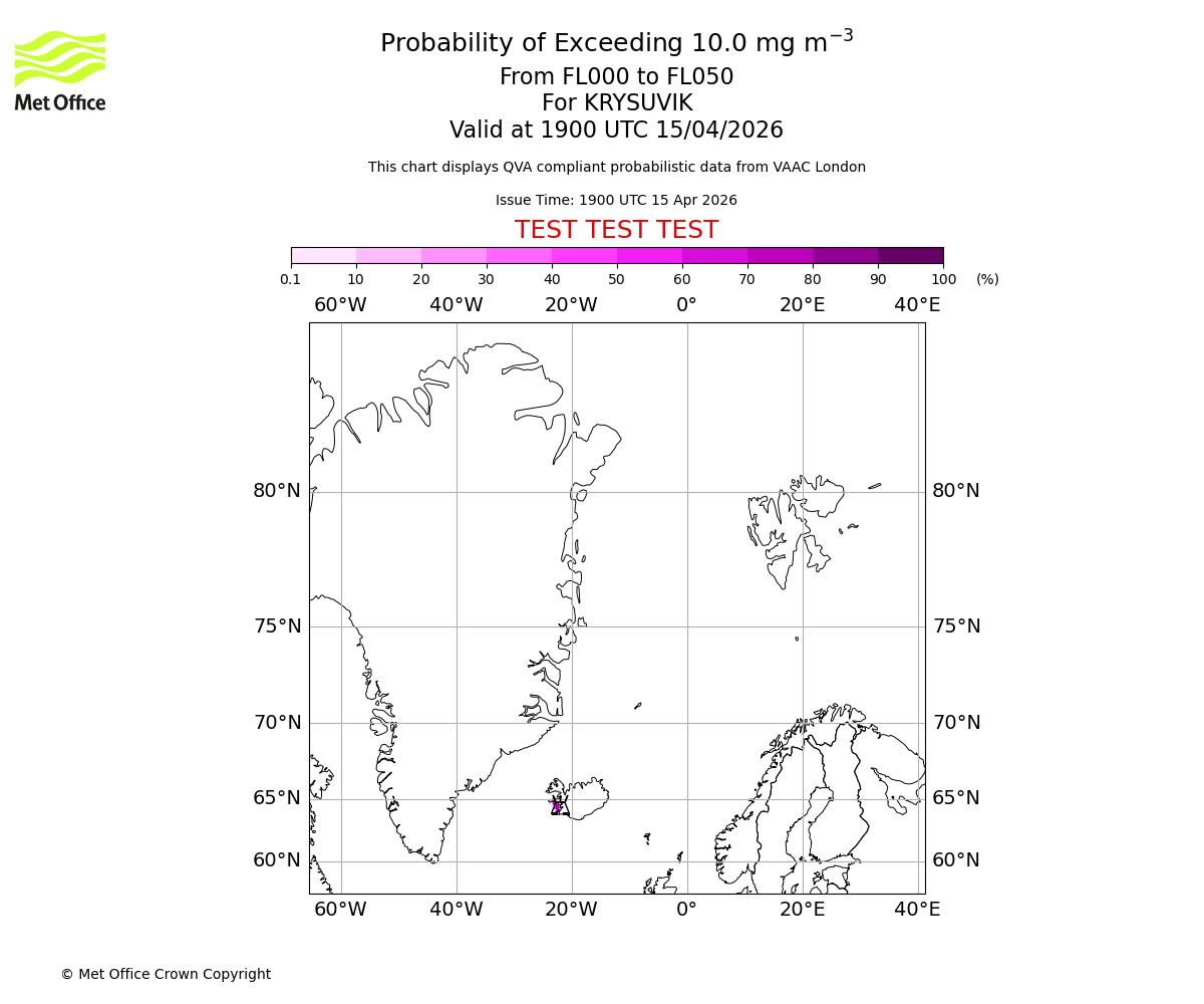 Probability of exceeding 10.0 milligrams per metre cubed. From 000 to 050 for KRYSUVIK. Valid at 1900 UTC 15/04/2026
