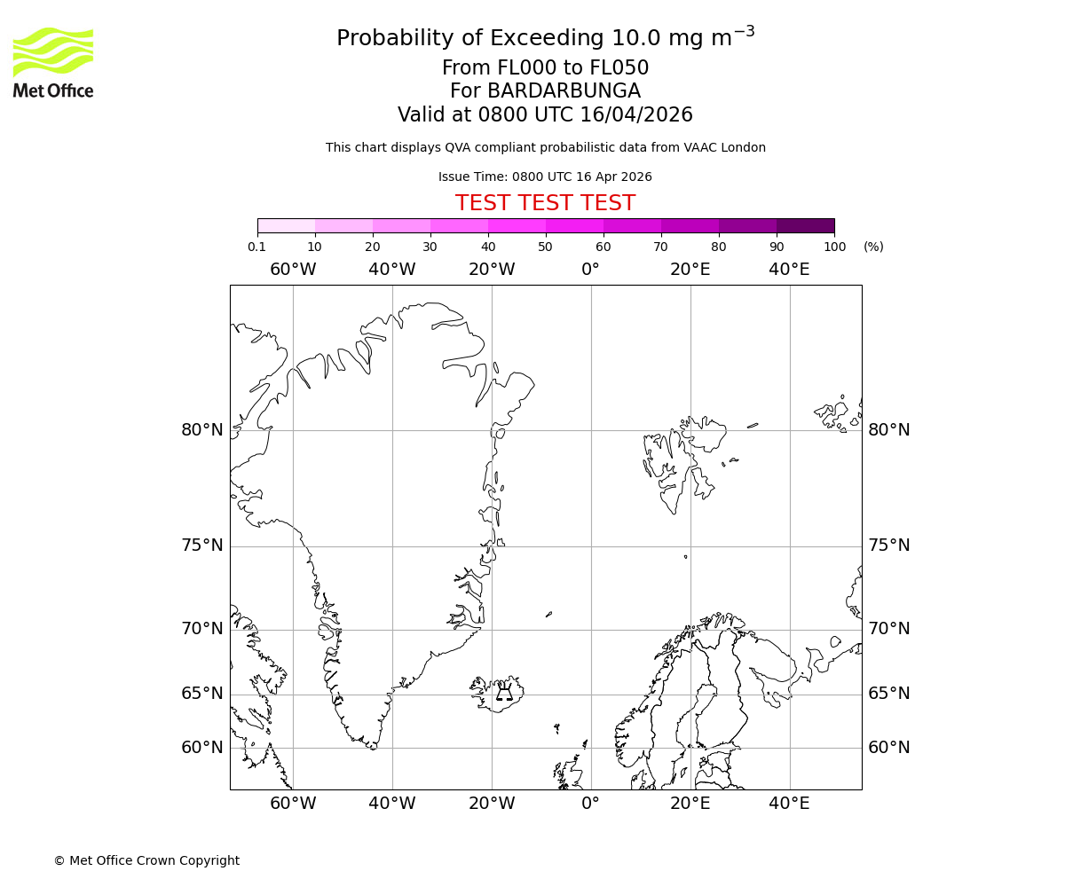 Probability of exceeding 10.0 milligrams per metre cubed. From 000 to 050 for BARDARBUNGA. Valid at 0800 UTC 16/04/2026