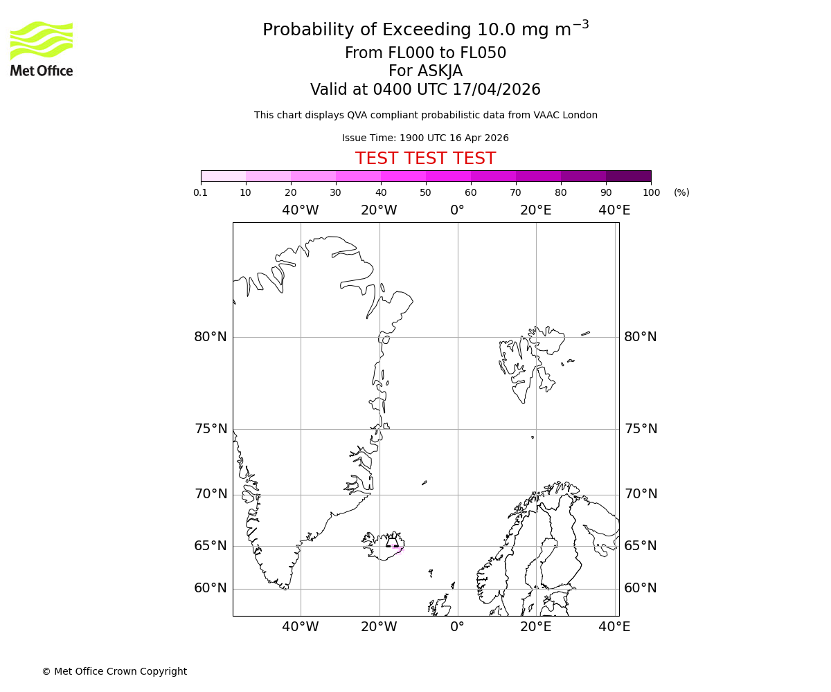Probability of exceeding 10.0 milligrams per metre cubed. From 000 to 050 for ASKJA. Valid at 0400 UTC 17/04/2026