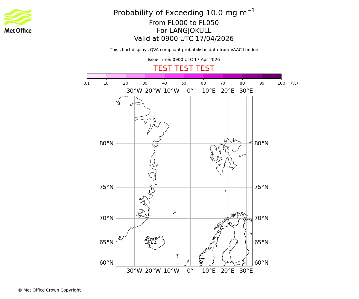 Probability of exceeding 10.0 milligrams per metre cubed. From 000 to 050 for LANGJOKULL. Valid at 0900 UTC 17/04/2026