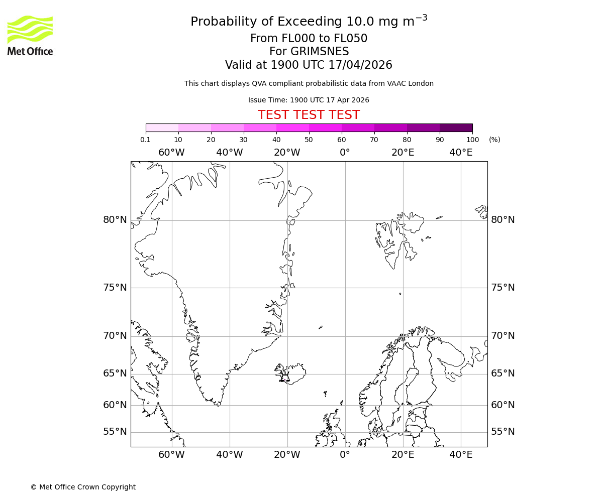 Probability of exceeding 10.0 milligrams per metre cubed. From 000 to 050 for GRIMSNES. Valid at 1900 UTC 17/04/2026