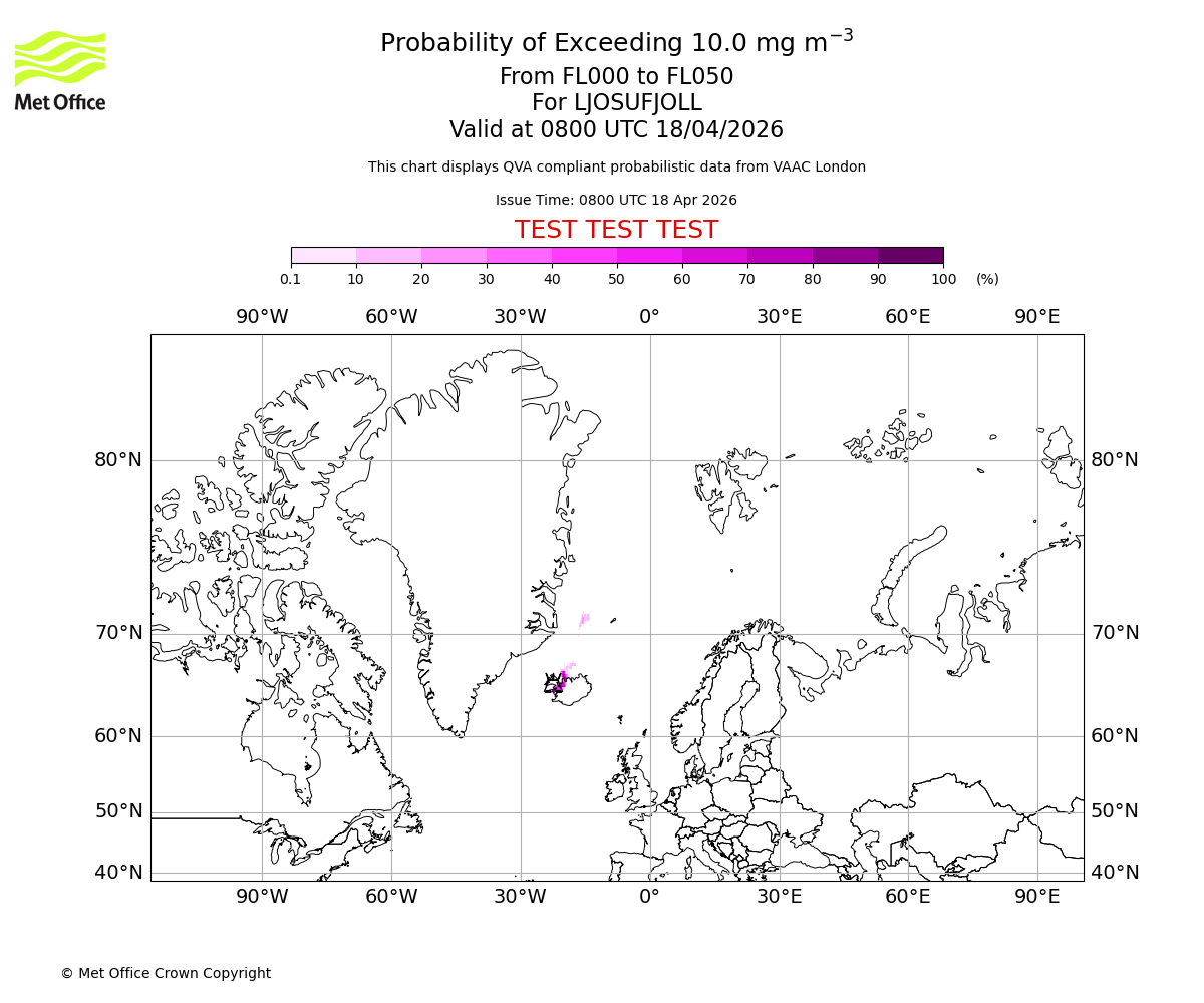 Probability of exceeding 10.0 milligrams per metre cubed. From 000 to 050 for LJOSUFJOLL. Valid at 0800 UTC 18/04/2026