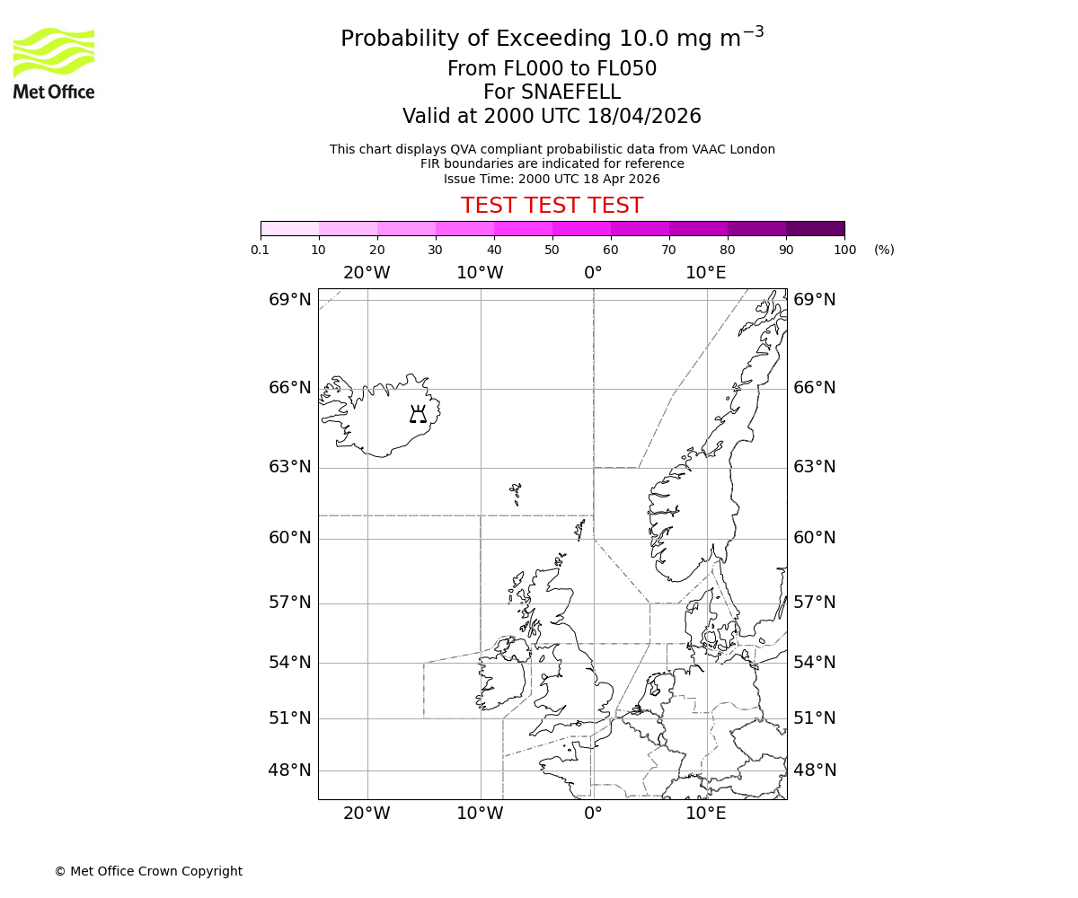Probability of exceeding 10.0 milligrams per metre cubed. From 000 to 050 for SNAEFELL. Valid at 2000 UTC 18/04/2026