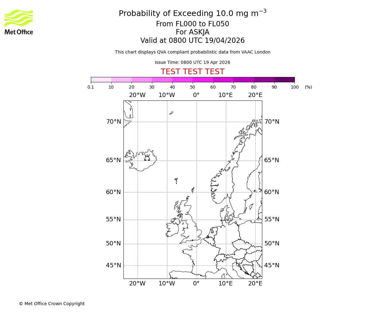 Probability of exceeding 10.0 milligrams per metre cubed. From 000 to 050 for ASKJA. Valid at 0800 UTC 19/04/2026