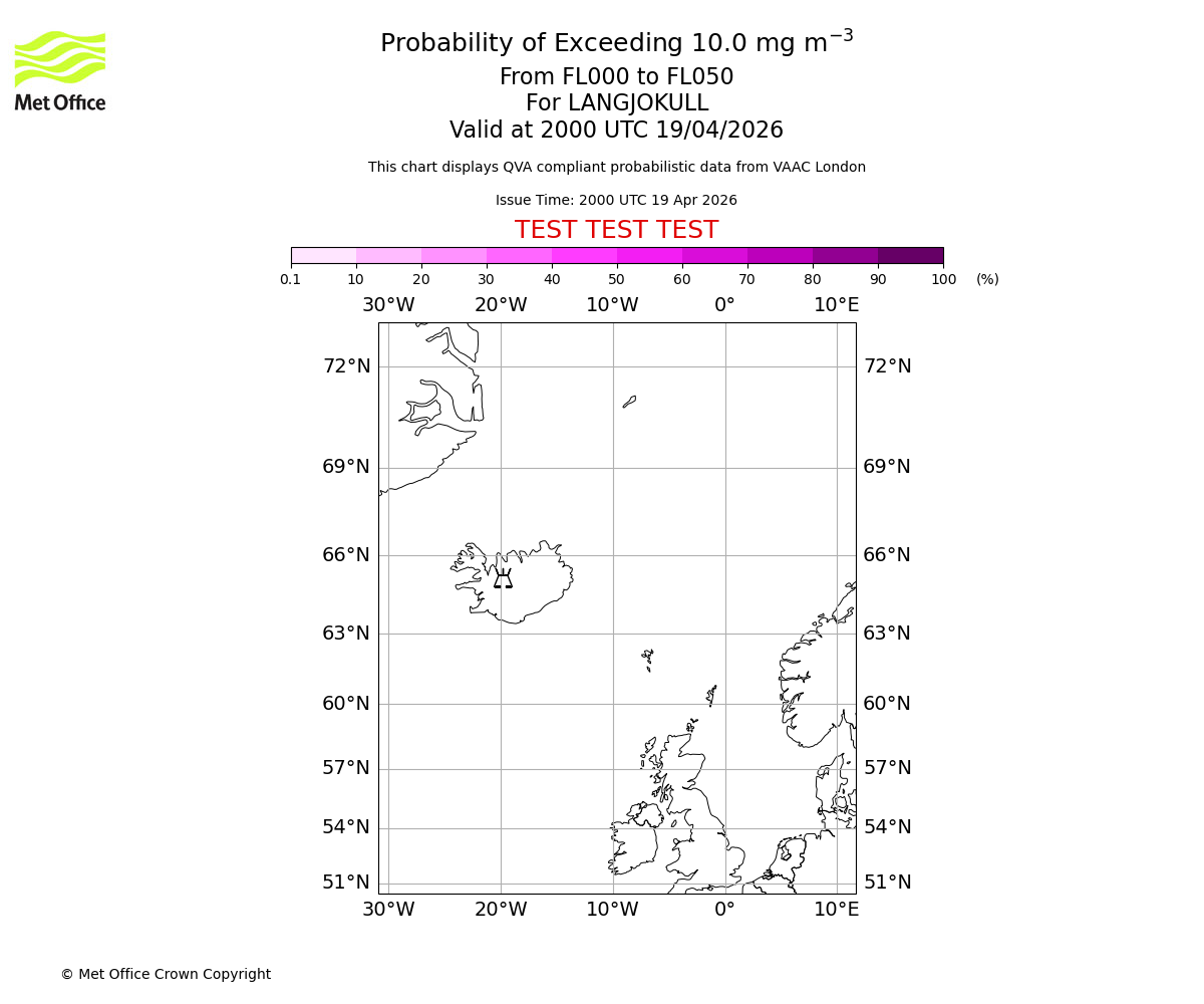 Probability of exceeding 10.0 milligrams per metre cubed. From 000 to 050 for LANGJOKULL. Valid at 2000 UTC 19/04/2026