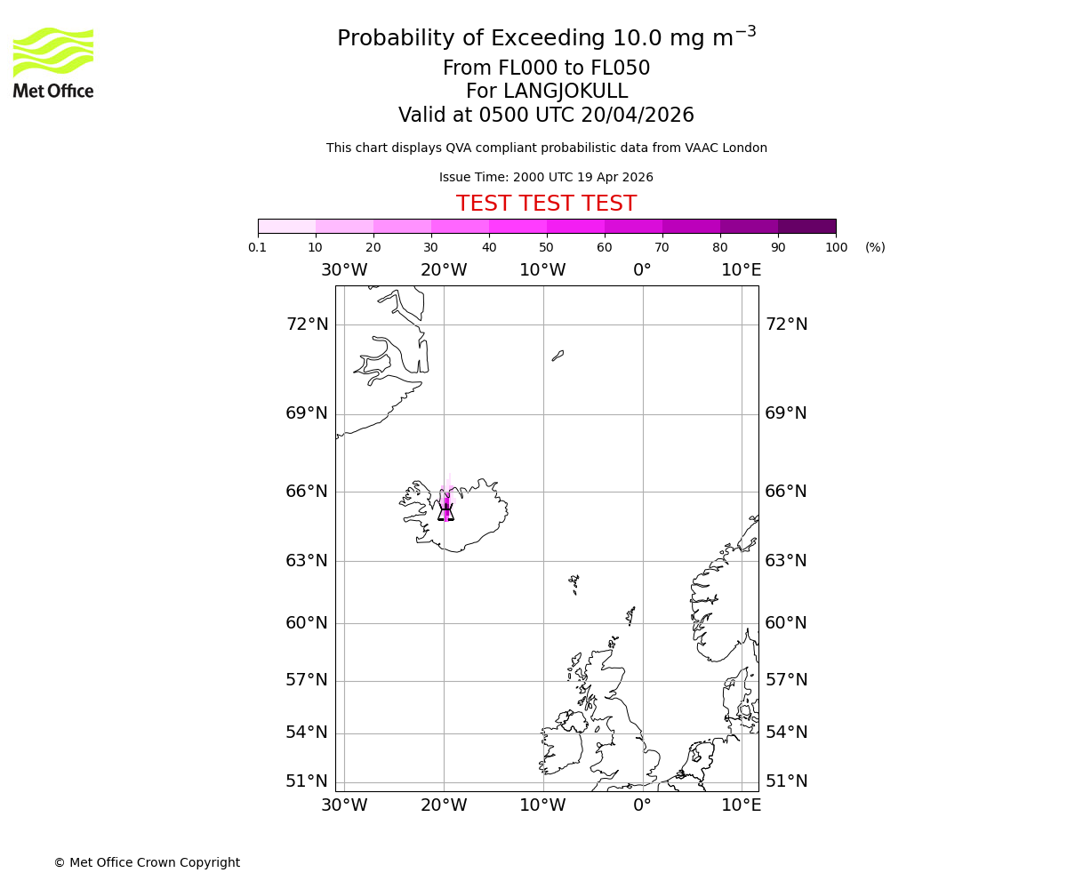 Probability of exceeding 10.0 milligrams per metre cubed. From 000 to 050 for LANGJOKULL. Valid at 0500 UTC 20/04/2026