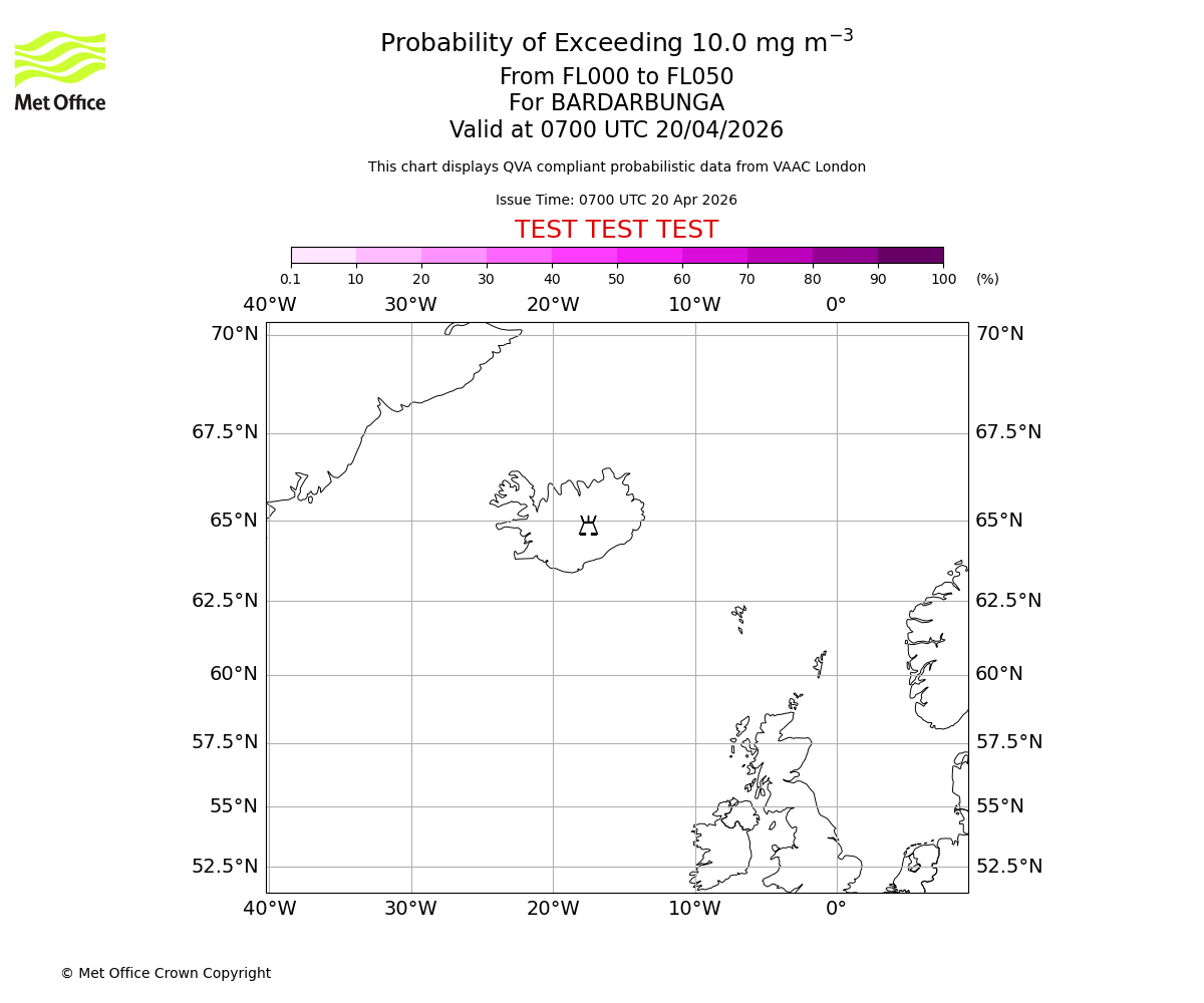 Probability of exceeding 10.0 milligrams per metre cubed. From 000 to 050 for BARDARBUNGA. Valid at 0700 UTC 20/04/2026