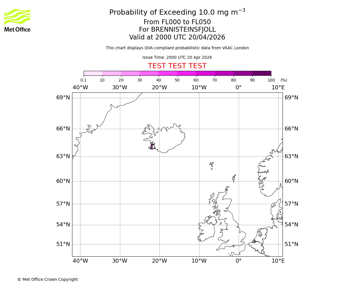 Probability of exceeding 10.0 milligrams per metre cubed. From 000 to 050 for BRENNISTEINSFJOLL. Valid at 2000 UTC 20/04/2026