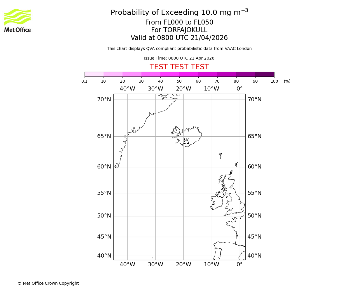 Probability of exceeding 10.0 milligrams per metre cubed. From 000 to 050 for TORFAJOKULL. Valid at 0800 UTC 21/04/2026