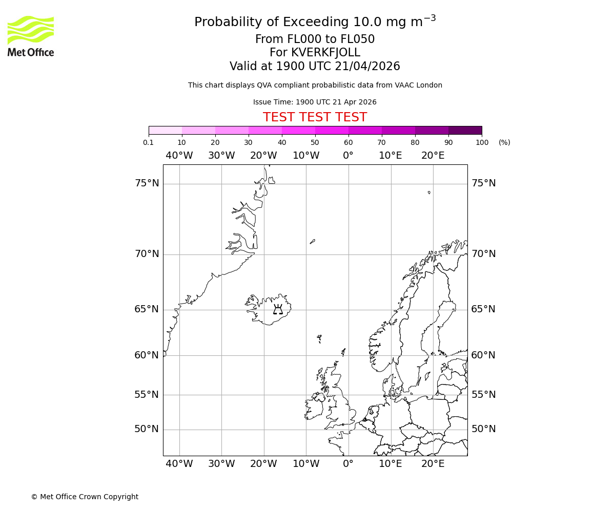 Probability of exceeding 10.0 milligrams per metre cubed. From 000 to 050 for KVERKFJOLL. Valid at 1900 UTC 21/04/2026