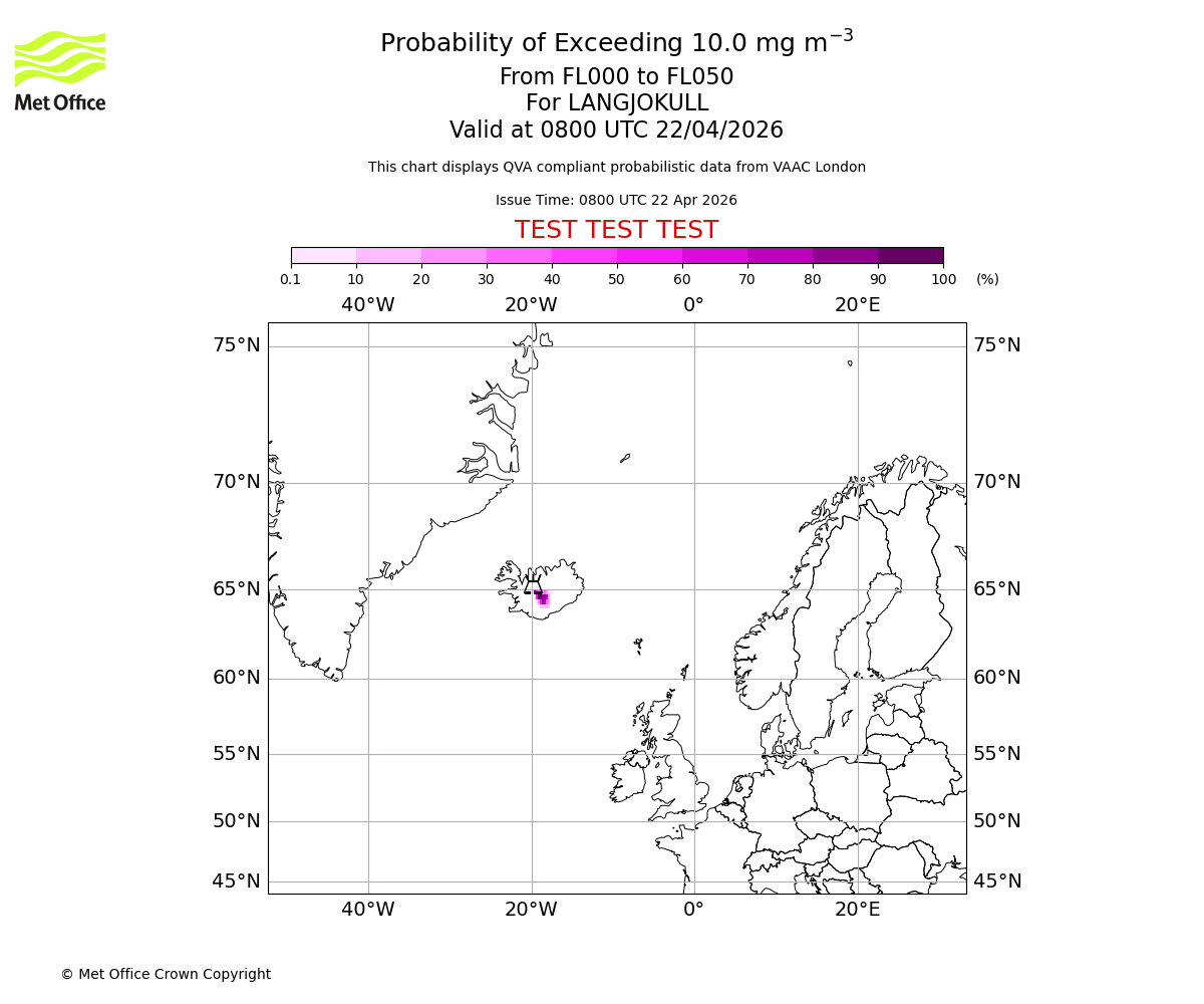 Probability of exceeding 10.0 milligrams per metre cubed. From 000 to 050 for LANGJOKULL. Valid at 0800 UTC 22/04/2026