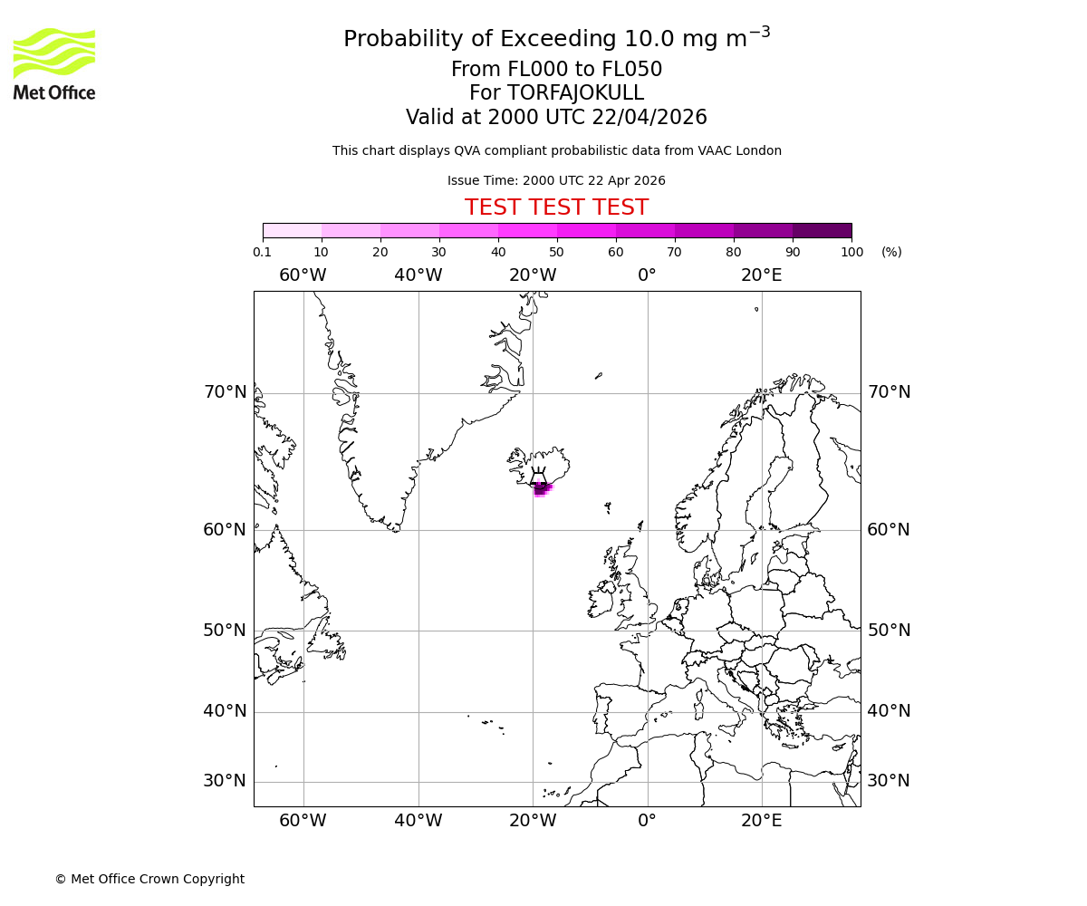 Probability of exceeding 10.0 milligrams per metre cubed. From 000 to 050 for TORFAJOKULL. Valid at 2000 UTC 22/04/2026