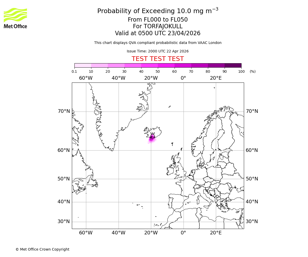 Probability of exceeding 10.0 milligrams per metre cubed. From 000 to 050 for TORFAJOKULL. Valid at 0500 UTC 23/04/2026