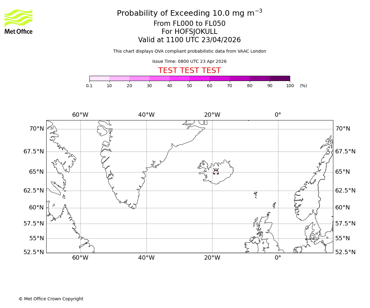Probability of exceeding 10.0 milligrams per metre cubed. From 000 to 050 for HOFSJOKULL. Valid at 1100 UTC 23/04/2026