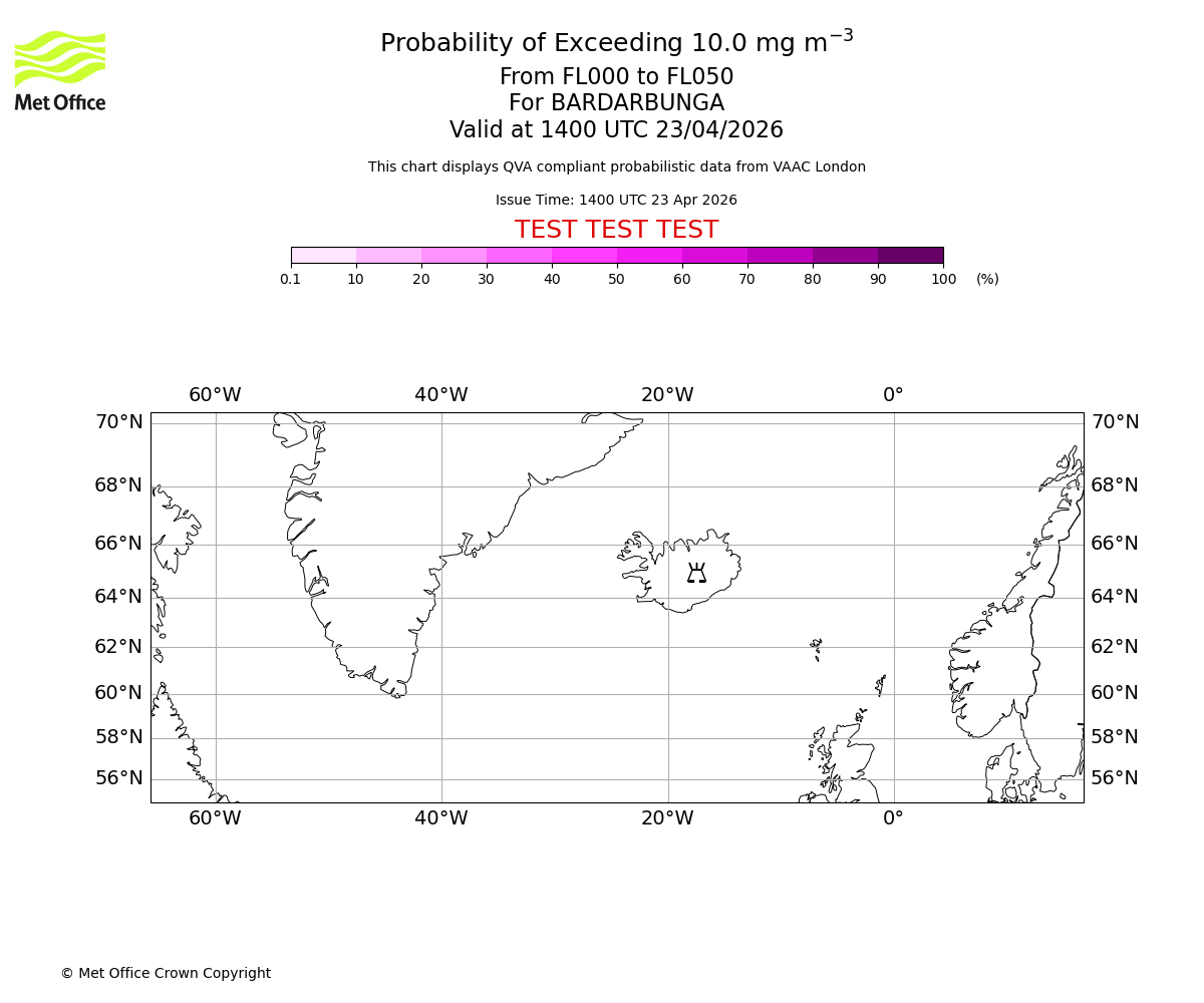 Probability of exceeding 10.0 milligrams per metre cubed. From 000 to 050 for BARDARBUNGA. Valid at 1400 UTC 23/04/2026