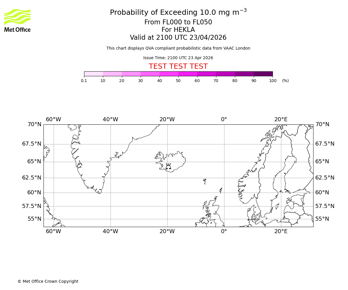 Probability of exceeding 10.0 milligrams per metre cubed. From 000 to 050 for HEKLA. Valid at 2100 UTC 23/04/2026