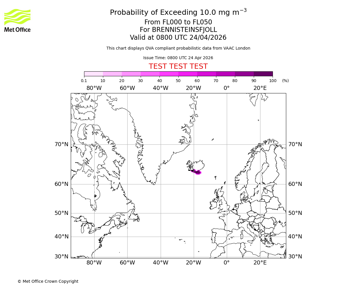 Probability of exceeding 10.0 milligrams per metre cubed. From 000 to 050 for BRENNISTEINSFJOLL. Valid at 0800 UTC 24/04/2026