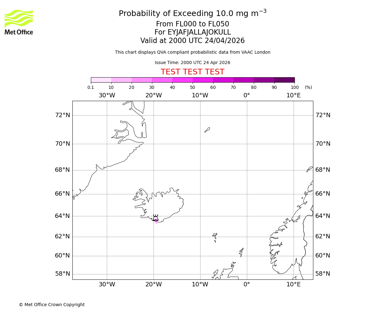 Probability of exceeding 10.0 milligrams per metre cubed. From 000 to 050 for EYJAFJALLAJOKULL. Valid at 2000 UTC 24/04/2026