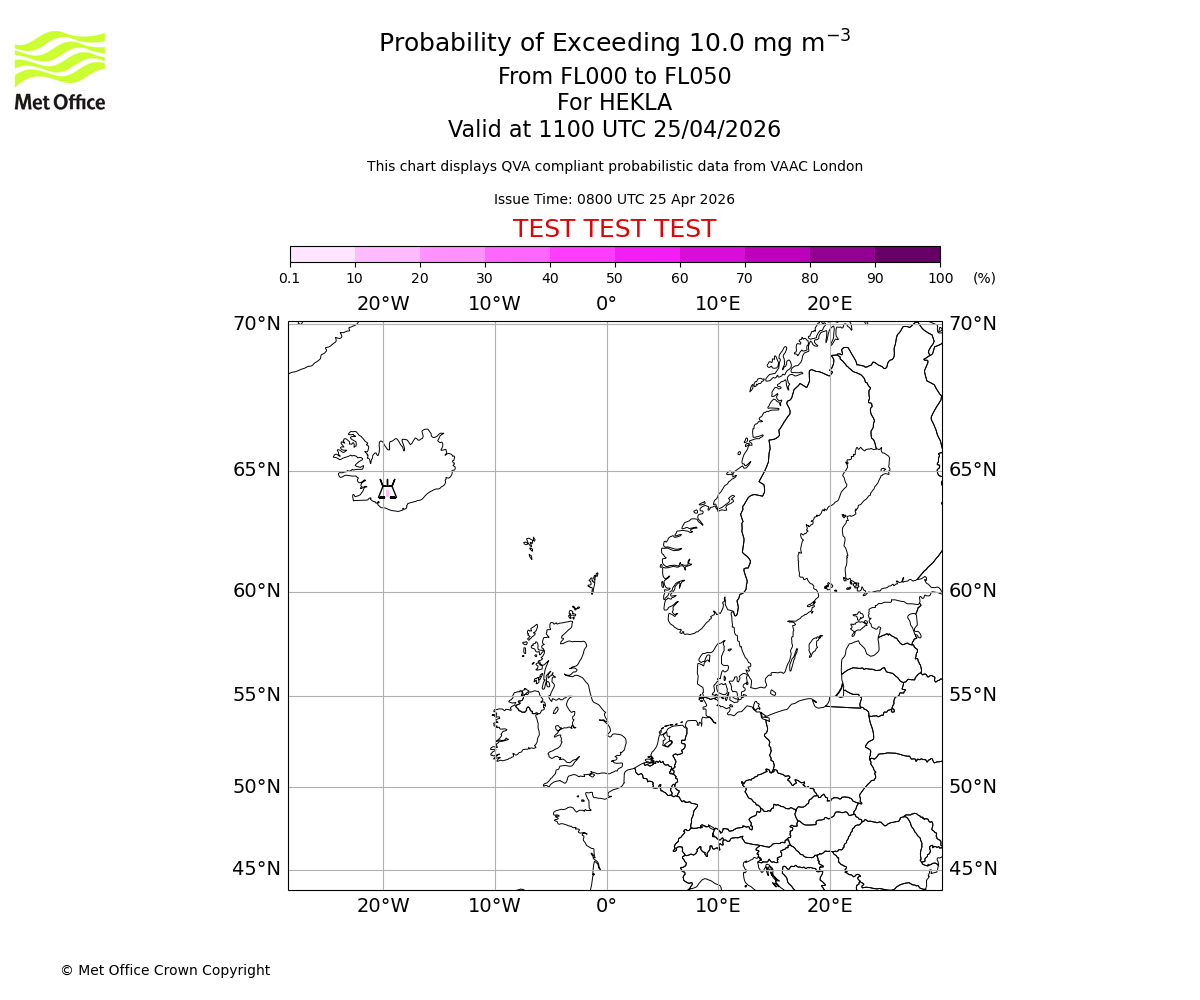 Probability of exceeding 10.0 milligrams per metre cubed. From 000 to 050 for HEKLA. Valid at 1100 UTC 25/04/2026