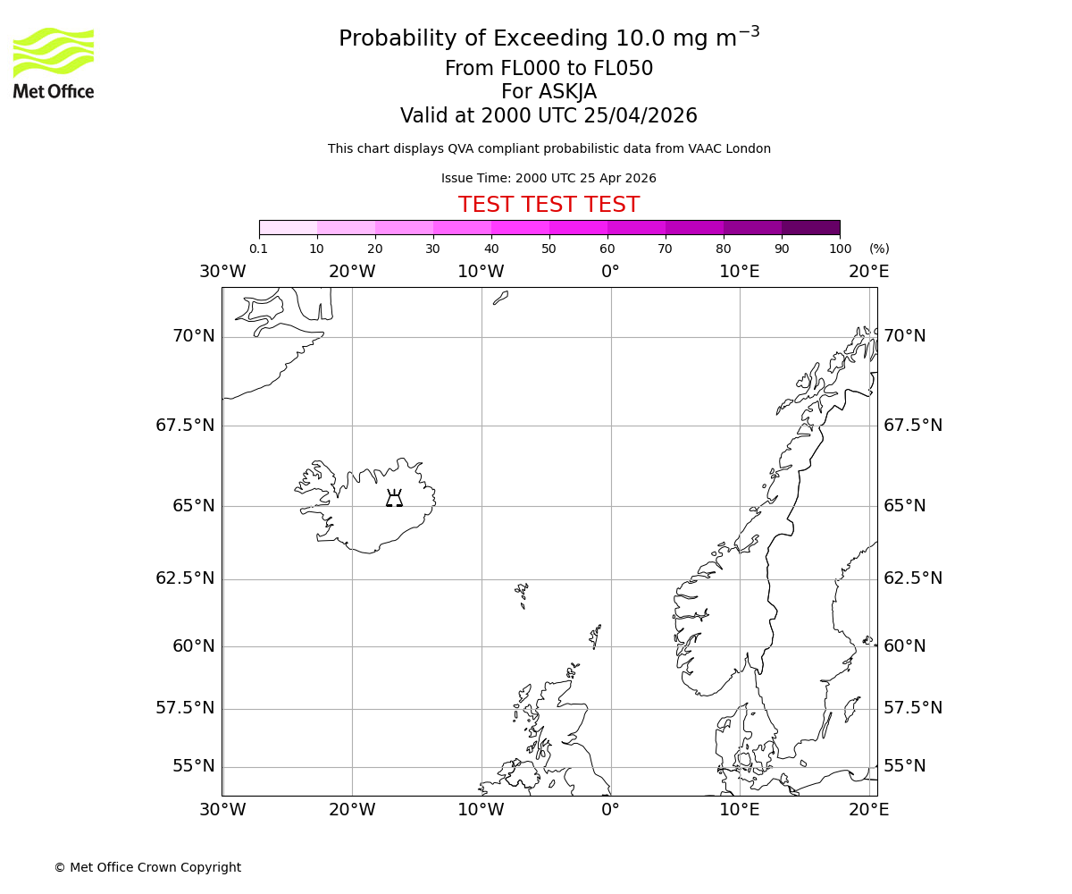 Probability of exceeding 10.0 milligrams per metre cubed. From 000 to 050 for ASKJA. Valid at 2000 UTC 25/04/2026