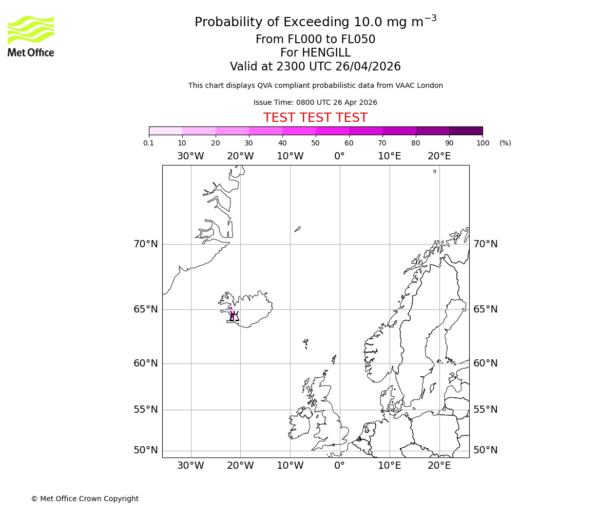 Probability of exceeding 10.0 milligrams per metre cubed. From 000 to 050 for HENGILL. Valid at 2300 UTC 26/04/2026