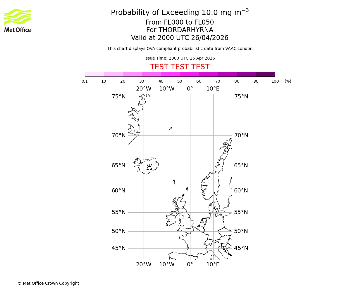 Probability of exceeding 10.0 milligrams per metre cubed. From 000 to 050 for THORDARHYRNA. Valid at 2000 UTC 26/04/2026
