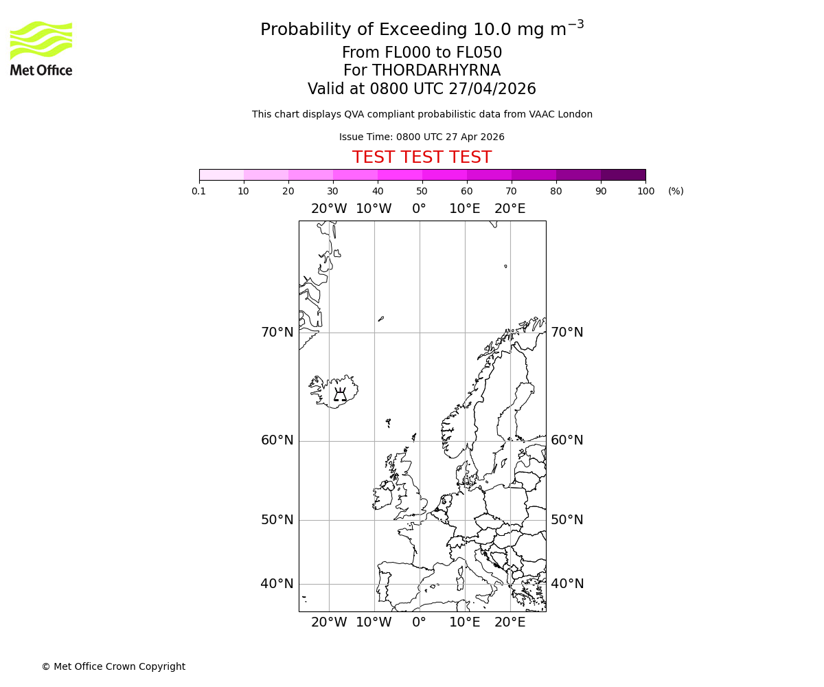 Probability of exceeding 10.0 milligrams per metre cubed. From 000 to 050 for THORDARHYRNA. Valid at 0800 UTC 27/04/2026