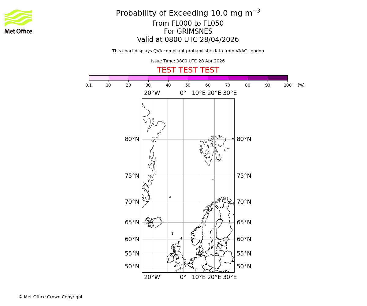 Probability of exceeding 10.0 milligrams per metre cubed. From 000 to 050 for GRIMSNES. Valid at 0800 UTC 28/04/2026