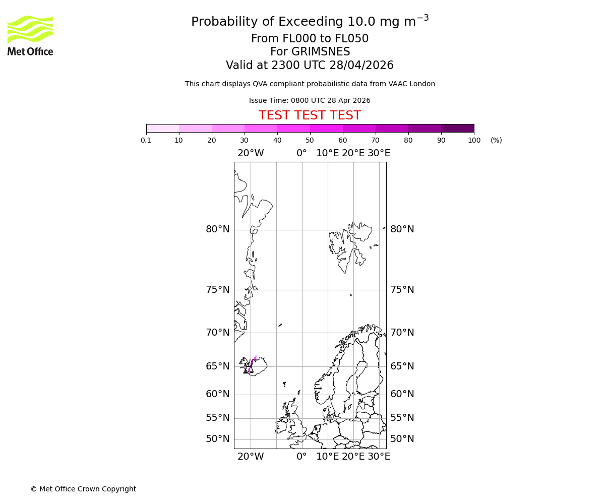 Probability of exceeding 10.0 milligrams per metre cubed. From 000 to 050 for GRIMSNES. Valid at 2300 UTC 28/04/2026