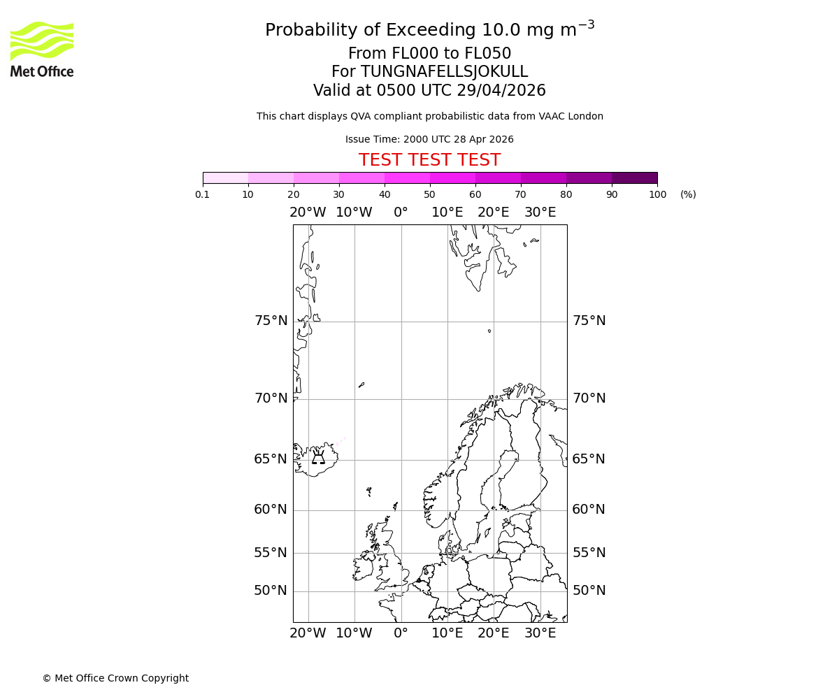 Probability of exceeding 10.0 milligrams per metre cubed. From 000 to 050 for TUNGNAFELLSJOKULL. Valid at 0500 UTC 29/04/2026