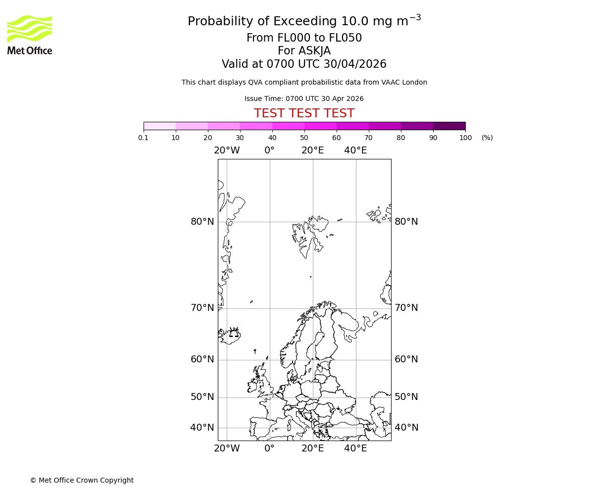 Probability of exceeding 10.0 milligrams per metre cubed. From 000 to 050 for ASKJA. Valid at 0700 UTC 30/04/2026