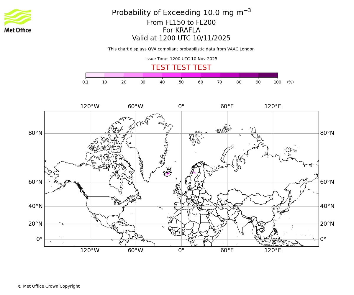 Probability of exceeding 10.0 milligrams per metre cubed. From 150 to 200 for KRAFLA. Valid at 1200 UTC 10/11/2025