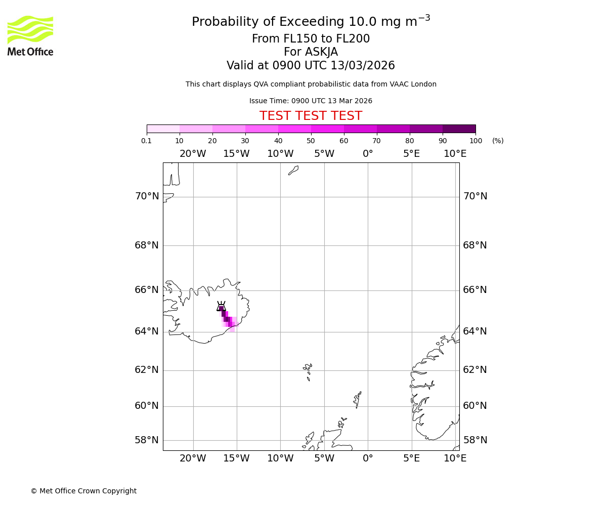 Probability of exceeding 10.0 milligrams per metre cubed. From 150 to 200 for ASKJA. Valid at 0900 UTC 13/03/2026
