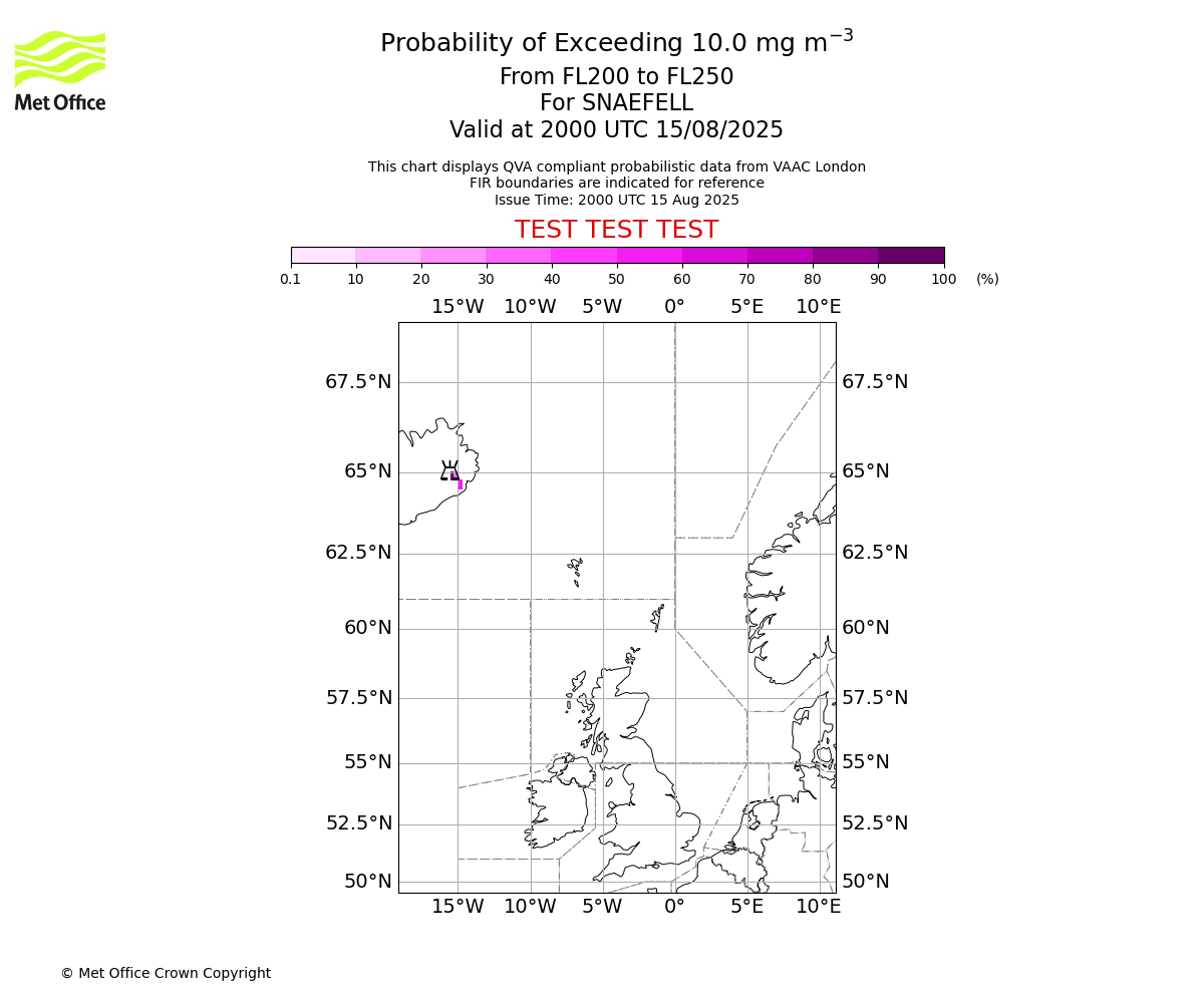Probability of exceeding 10.0 milligrams per metre cubed. From 200 to 250 for SNAEFELL. Valid at 2000 UTC 15/08/2025
