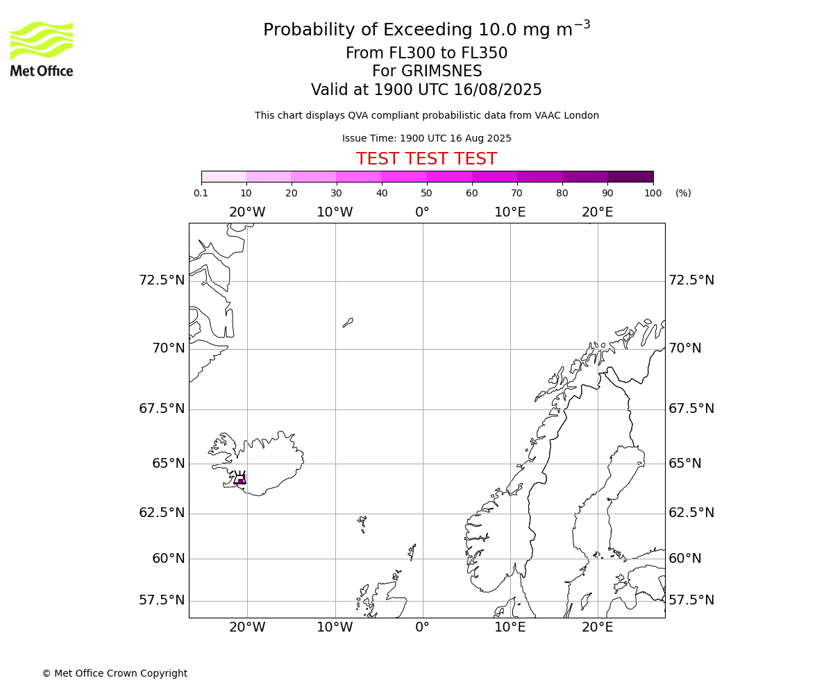 Probability of exceeding 10.0 milligrams per metre cubed. From 300 to 350 for GRIMSNES. Valid at 1900 UTC 16/08/2025