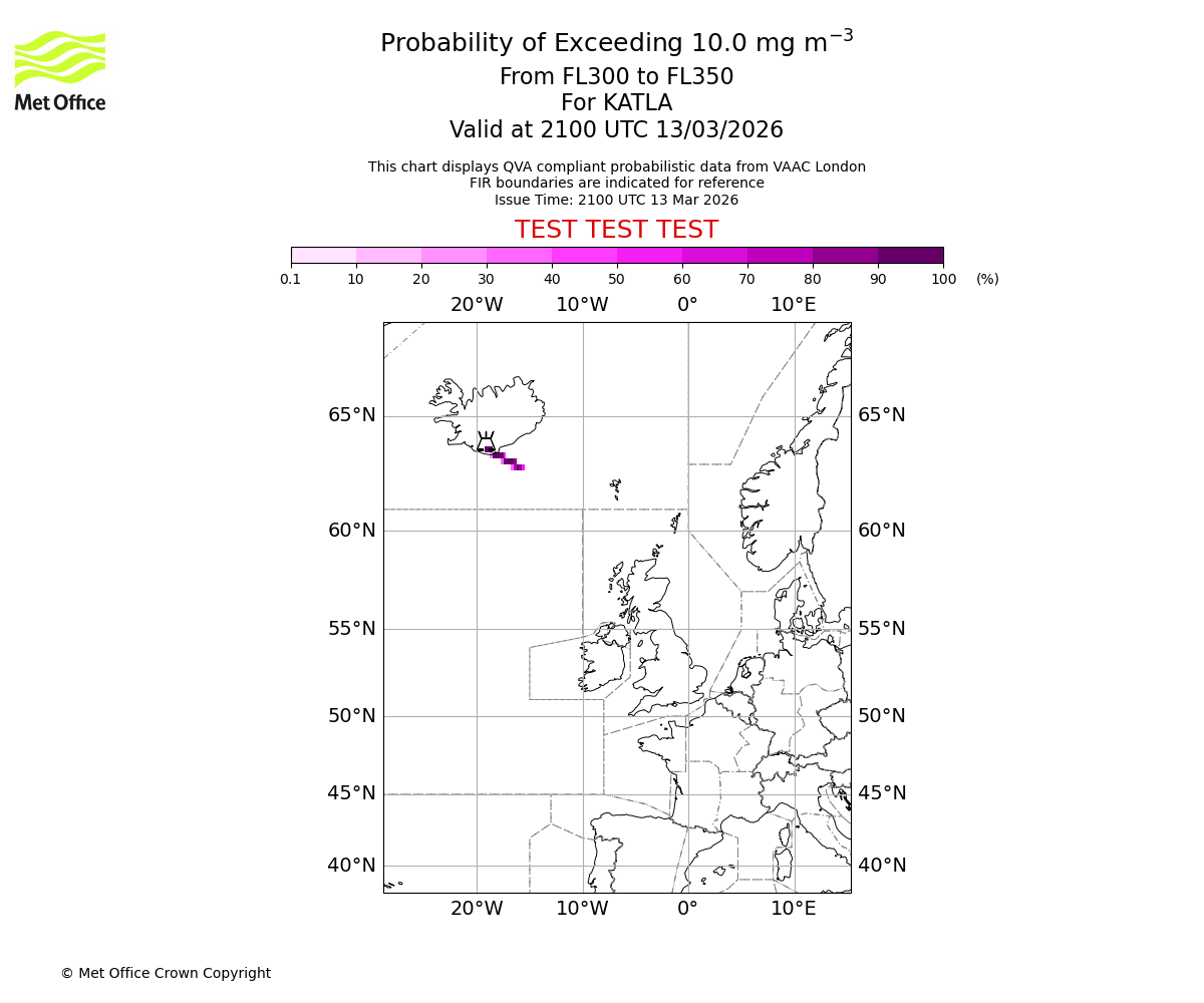 Probability of exceeding 10.0 milligrams per metre cubed. From 300 to 350 for KATLA. Valid at 2100 UTC 13/03/2026