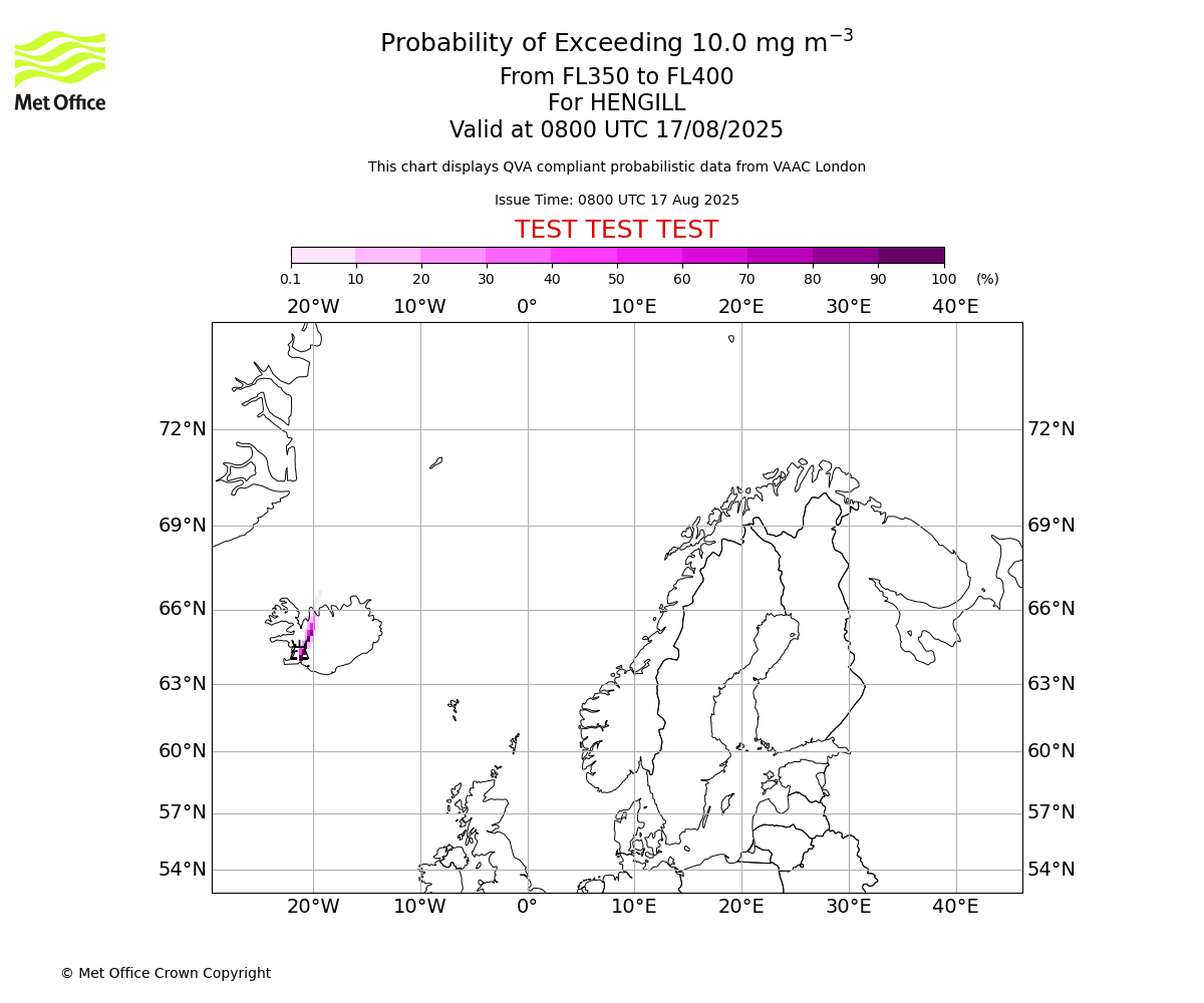 Probability of exceeding 10.0 milligrams per metre cubed. From 350 to 400 for HENGILL. Valid at 0800 UTC 17/08/2025